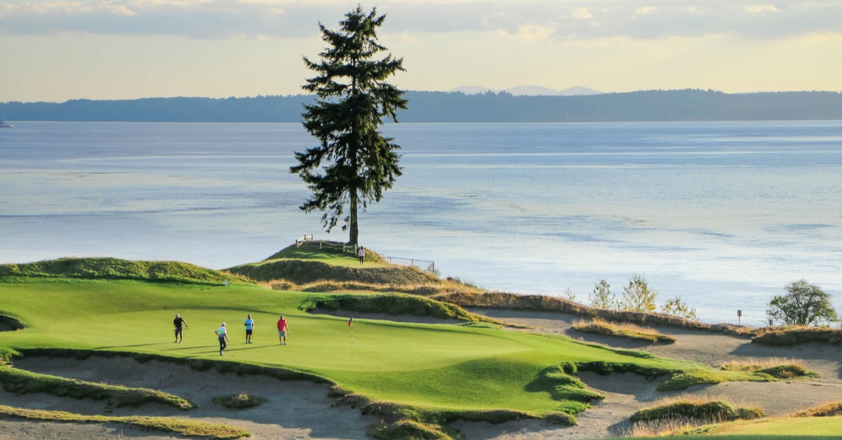 Ein Golfplatz mit mehreren Golfern, im Hintergrund ein Baum sowie ein großer See.